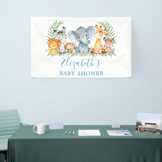 Aquarell Safari Tiere Baby Dusche Blau Banner (Messeveranstaltung)