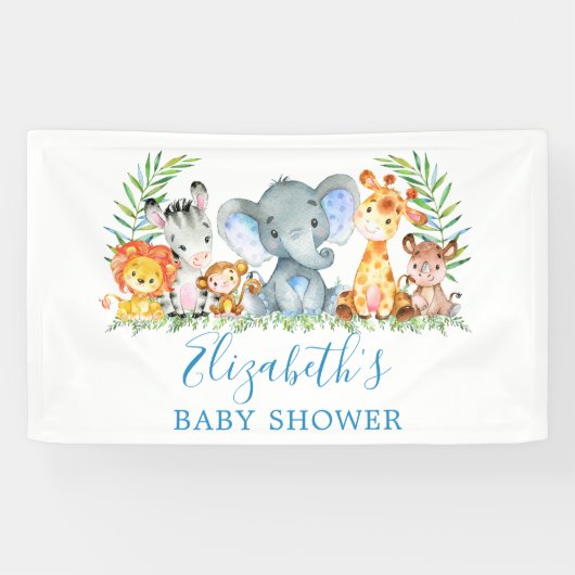 Aquarell Safari Tiere Baby Dusche Blau Banner (Horizontal)