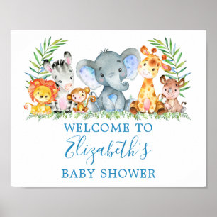 Aquarell Safari Tiere Baby Dusche Blau Poster