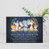 Aquarell Safari Tiere Blue Wood Baby Dusche Einladung (Stehend Vorderseite)