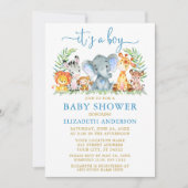 Aquarell Safari Tiere Boy Blue Gold Dusche Einladung (Vorderseite)