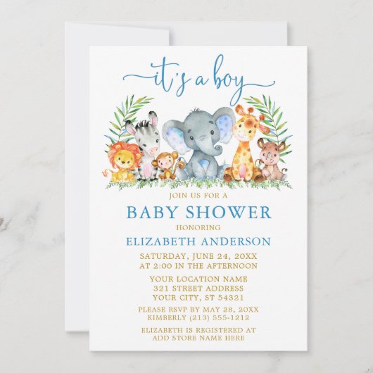 Aquarell Safari Tiere Boy Blue Gold Dusche Einladung (Vorderseite)