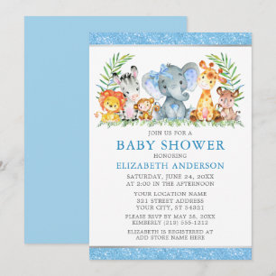 Aquarell Safari Tiere Dusche Blue Bow Glitzer Einladung