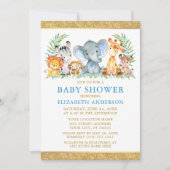 Aquarell Safari Tiere Dusche Blue Gold Glitzer Einladung (Vorderseite)