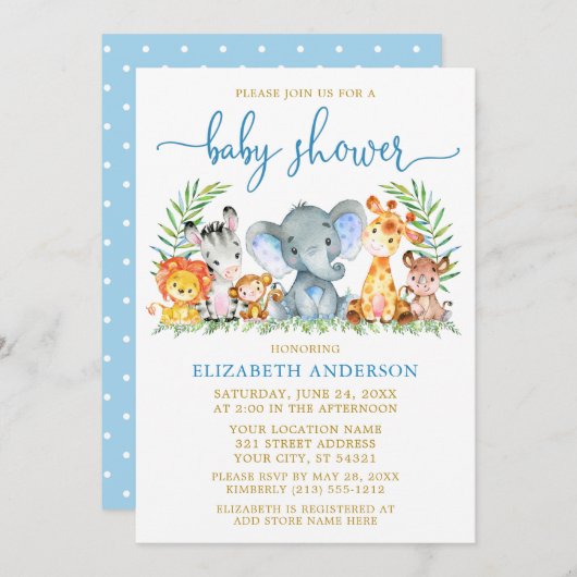 Aquarell Safari Tiere Dusche Blue Script Gold Einladung (Vorne/Hinten)