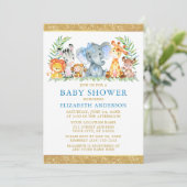 Aquarell Safari Tiere Dusche Glitzer Blue Bow Einladung (Stehend Vorderseite)