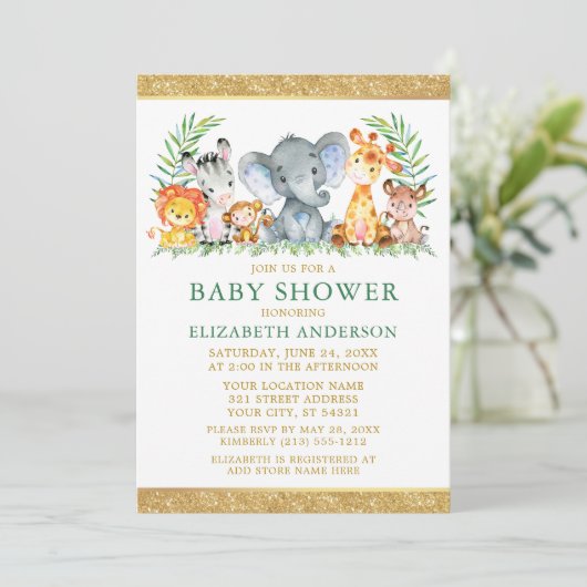 Aquarell Safari Tiere Dusche Glitzer Grün Einladung (Stehend Vorderseite)