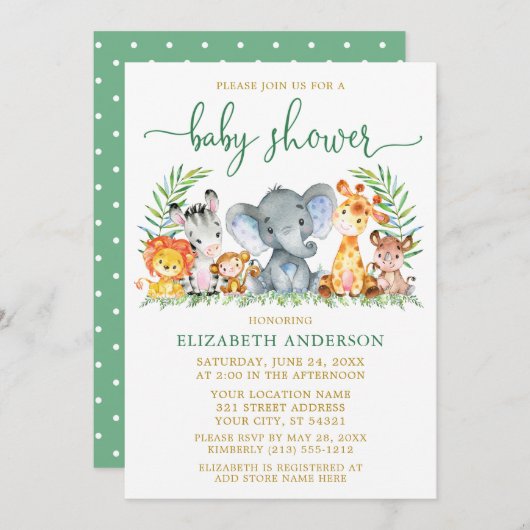 Aquarell Safari Tiere Dusche Green Script Gold Einladung (Vorne/Hinten)