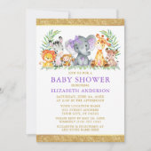 Aquarell Safari Tiere Dusche Violet Glitzer Einladung (Vorderseite)