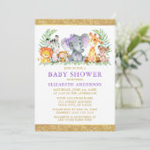 Aquarell Safari Tiere Dusche Violet Glitzer Einladung (Stehend Vorderseite)