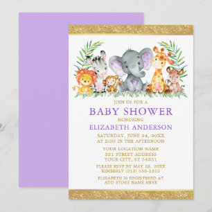 Aquarell Safari Tiere Dusche Violet Glitzer Einladung