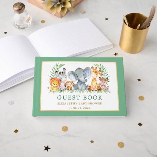 Aquarell Safari Tiere Kinderdusche Grün Gästebuch (Vorderseite Offen)