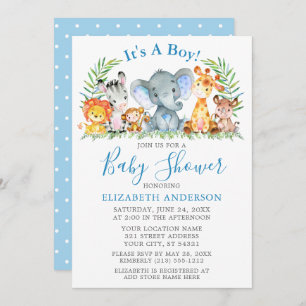 Aquarell Safari Tiere Polka Dots Blue Dusche Einladung