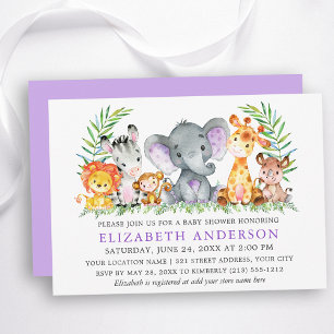 Aquarell Safari Tiere Violet Babydusche Einladung