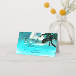 Aquarell Sailboat Palm Trees String Lights Table Platzkarte