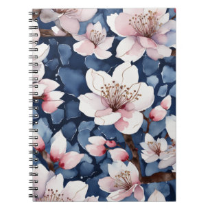 Aquarell-Sakura-Blumen Navyblau Elegante Spirale Notizblock