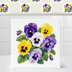 Aquarell samtig lila gelbe Stiefmütterchen-Blumenk Fliese