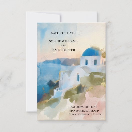 Aquarell Santorini Save The Date Karte (Vorderseite)