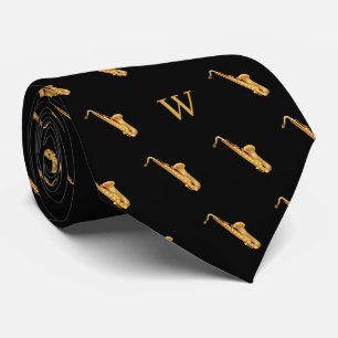 Aquarell-Saxophon-Jazz-Musik-Monogramm Schwarz Krawatte