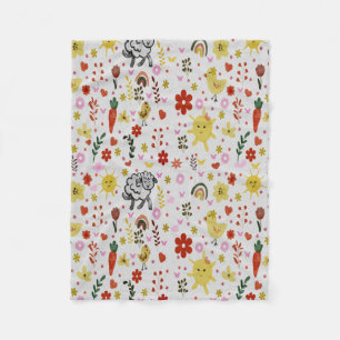 Aquarell Schaf-, Blumen- & Sonnenmuster Fleecedecke