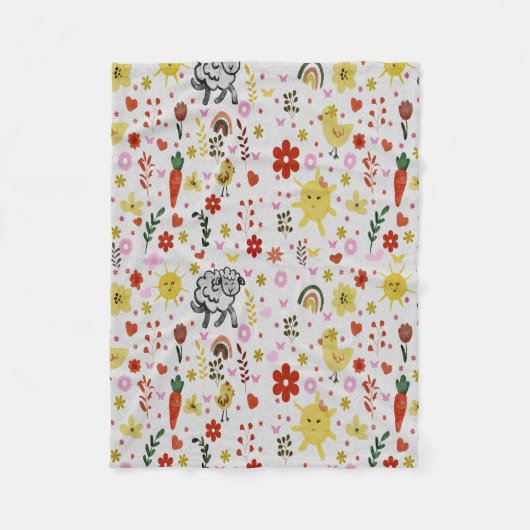 Aquarell Schaf-, Blumen- & Sonnenmuster Fleecedecke (Vorderseite)
