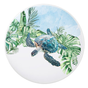 Aquarell-Schildkröte Tropische Blätter Keramikknauf