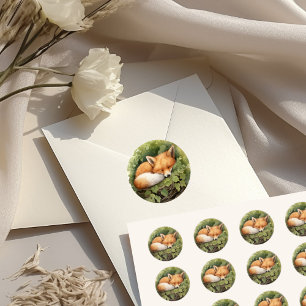 Aquarell Schlafender Fuchs Grün Baby Shower Runder Aufkleber