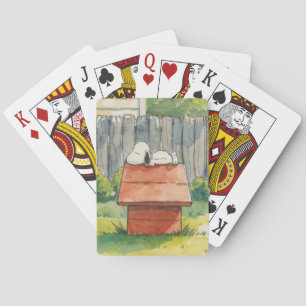 Aquarell schlafender Hund auf rotem Hundehaus Kuns Spielkarten