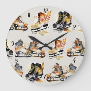 Aquarell-Schlittschuhe mit Herbstlaub-Muster Große Wanduhr