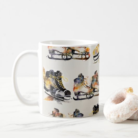 Aquarell-Schlittschuhe mit Herbstlaub-Muster Kaffeetasse (Mit Donut)