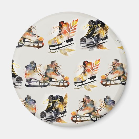 Aquarell-Schlittschuhe mit Herbstlaub-Muster Magnet (Vorne)