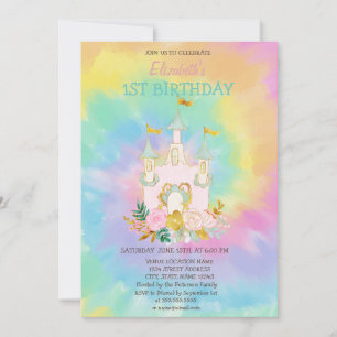 Aquarell-Schloss-Blumen-Tie-Dye-Geburtstag Einladung