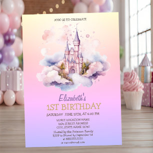 Aquarell-Schloss-Prinzessin-Ombre-Geburtstag Einladung