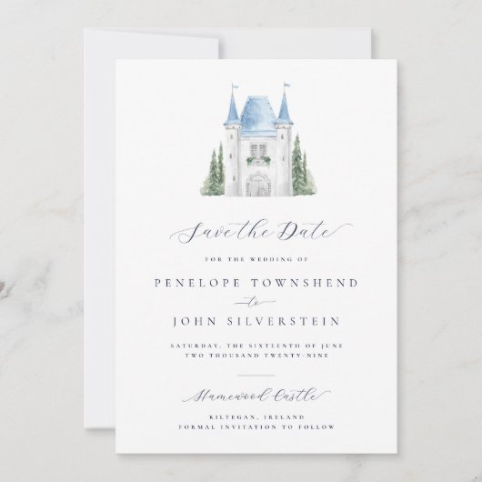 Aquarell-Schloss-Script-Hochzeit Save The Date (Vorderseite)
