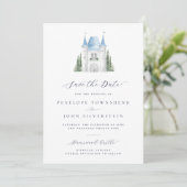 Aquarell-Schloss-Script-Hochzeit Save The Date (Stehend Vorderseite)