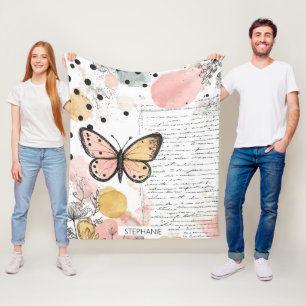 Aquarell Schmetterling Pink Gold Boho Natur Kunst  Fleecedecke