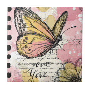 Aquarell Schmetterling Pink Gold Boho Natur Kunst  Fliese