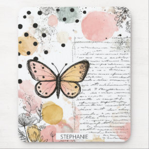 Aquarell Schmetterling Pink Gold Boho Natur Kunst Mousepad