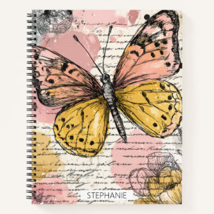 Aquarell Schmetterling Pink Gold Boho Natur Kunst Notizblock