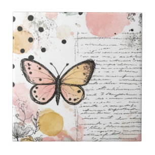 Aquarell Schmetterling Rosa Gold Boho Natur Kunst  Fliese