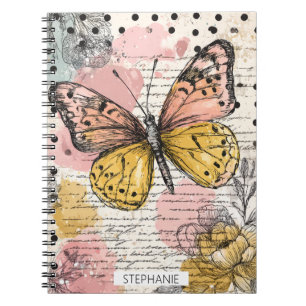 Aquarell Schmetterling Rosa Gold Boho Natur Kunst Notizblock