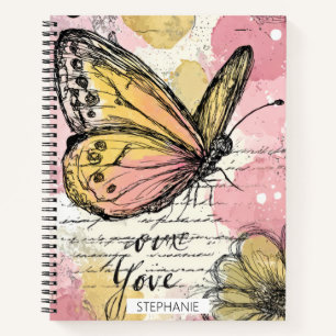 Aquarell Schmetterling Rosa Gold Boho Natur Kunst Notizblock