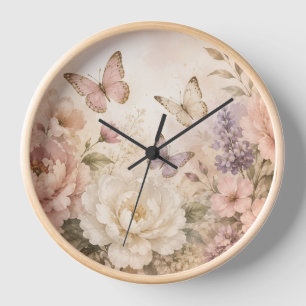 Aquarell-Schmetterling- und Blumenuhr Uhr