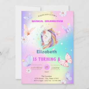 Aquarell Schmetterlinge Einhorn Holografisch Einladung