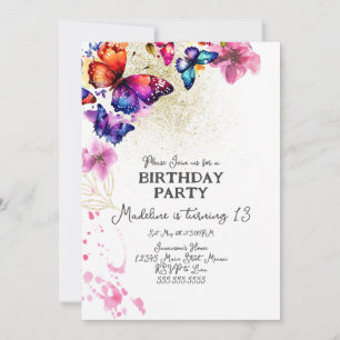 Aquarell-Schmetterlinge in Florals Gold Geburtstag Einladung