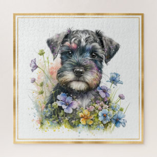 Aquarell-Schnauzer-Welpe mit Goldrahmen Puzzle