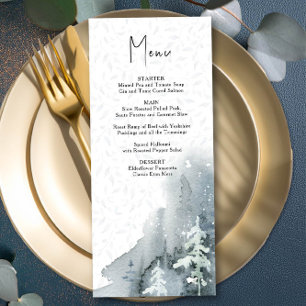 Aquarell-Schnee-Wald-Staubblau-Winterhochzeit M Menükarte