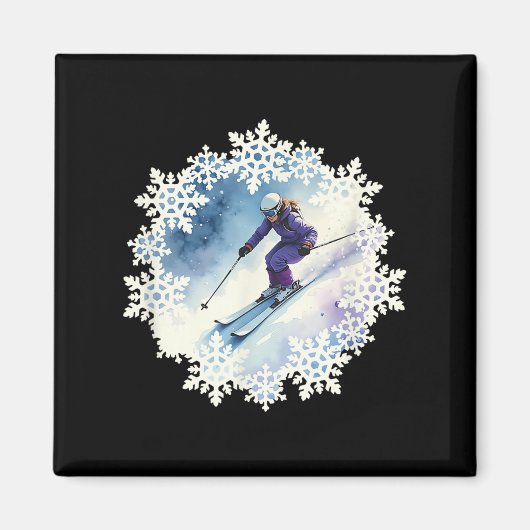 Aquarell-Schneeflocken und Skifahrer Magnet (Vorne)
