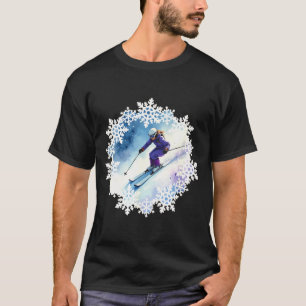 Aquarell-Schneeflocken und Skifahrer T-Shirt