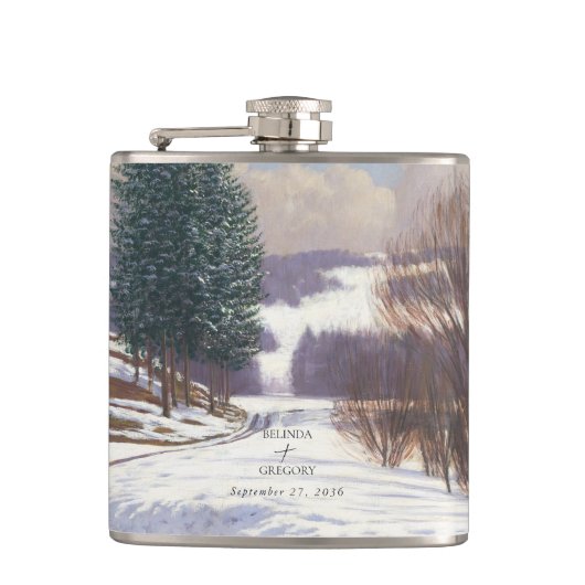 Aquarell-Schneelandschaft-Hochzeit Flachmann (Vorderseite)